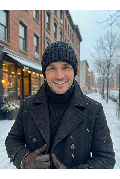 BESKAR Black Hand Knitted Thessaloniki Model Non-Pilling Winter Men's Beanie