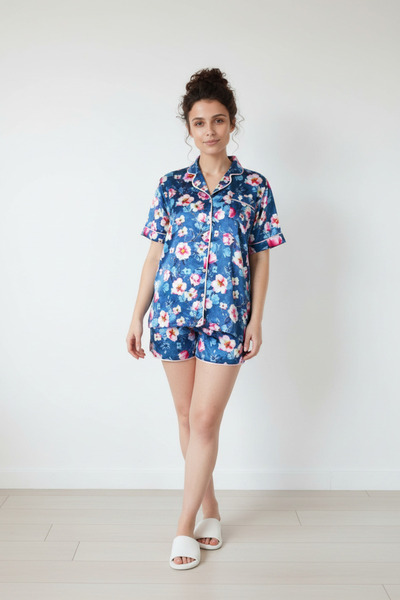 lacelove Σετ πιτζάμες με σατέν πουκάμισο με κουτί πολυτελείας με σορτς – μανίκια δαντέλα, κορεάτικη μεταξωτή υφή