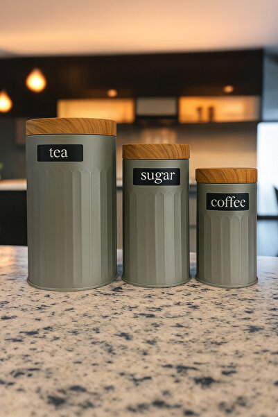 MorzaHome طقم برطمانات معدنية منقوشة باللون الرمادي مكون من 3 قطع بغطاء من ال...