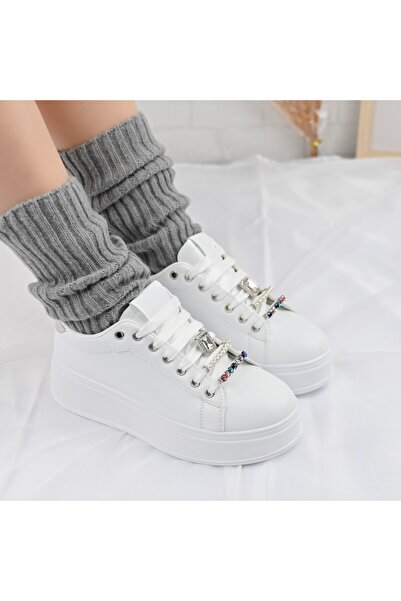 Tmall Pantofi sport de dama,Din Piele ecologica,Cu pietre,D1374,Alb cu Silver