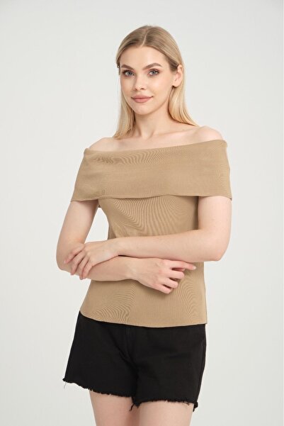 sumoda بلوزة ملابس نسائية بياقة مادونا، بلوزة صيفية قصيرة من الليكرا مكشوفة ا...