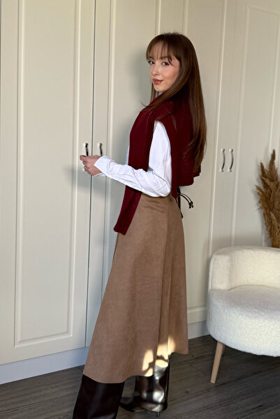 Dilay Gökoğlu Butik Κομψή φούστα Midi από καμέλα από σουέτ