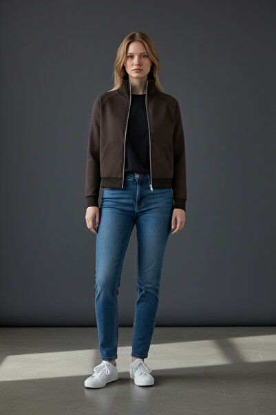 BUSEM Premium Fermuarlı Sweatshirt Hırka-Acı Kahve