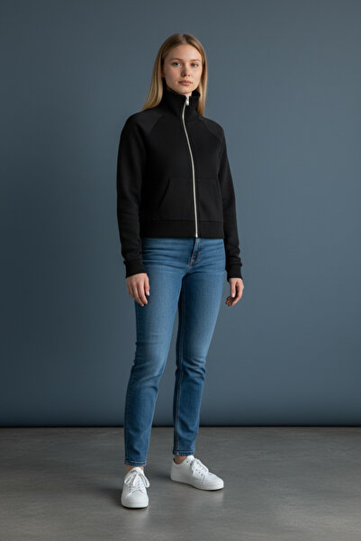 BUSEM Premium Fermuarlı Sweatshirt Hırka-Siyah