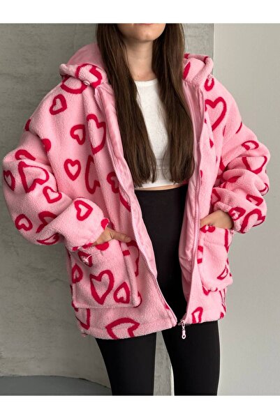 Veya Clothes Kadın Kapüşonlu Kalpli Oversize Peluş Mont