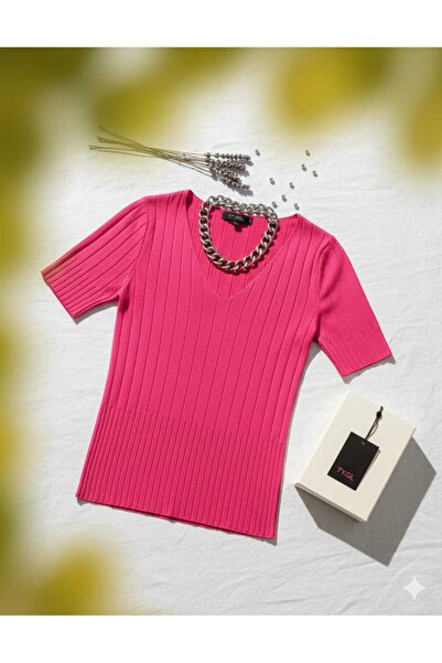 Esram Butik Women's Pink Knitwear V-Neck T-Shirt