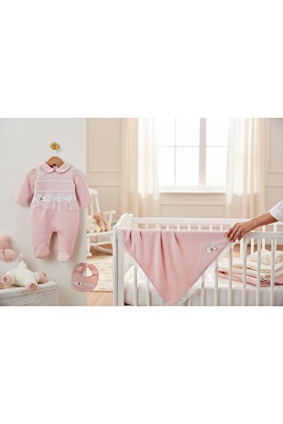 Butik Kendinden Eldivenli Tulum Önlük Ve Çift Katlı Bebek Battaniye Set Takım