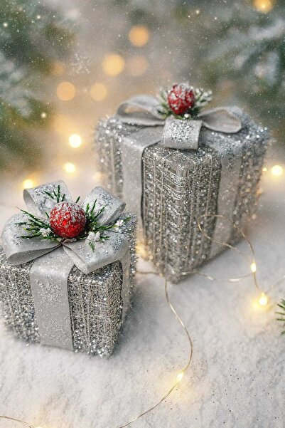 AtölyeKekik Gümüş Simli LED ışıklı Hediye Paketi Dekor Seti – 2’li (8x8 cm ve...