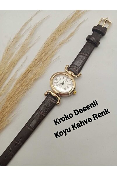 Classy Mai Model Minimal Özel Tasarım Koyu Kahve Renk Kroko Desenli Kadın Kol Saati bb0057