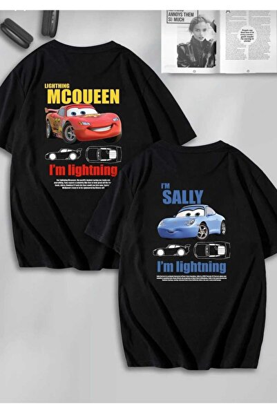 BUY CENTER Kadın Erkek Unisex Sally & Mcqueen Cars Sevgili Çift Kombini Oversize Rekli T-shirt 2 li
