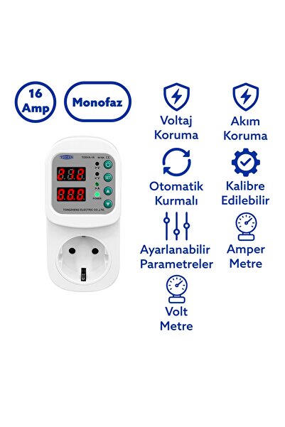 TOMZN Ayarlanabilir Voltaj ve Akım Korumalı Priz - 16A - Yüksek Gerilim Koruma - Elektrik Bekçisi