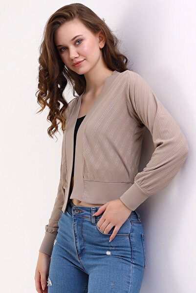 Şiir Rades Kadın Penye Italyan Reglan Önü Açık Jakarlı Uzun Kollu Esnek Kısa Hırka - Vizon