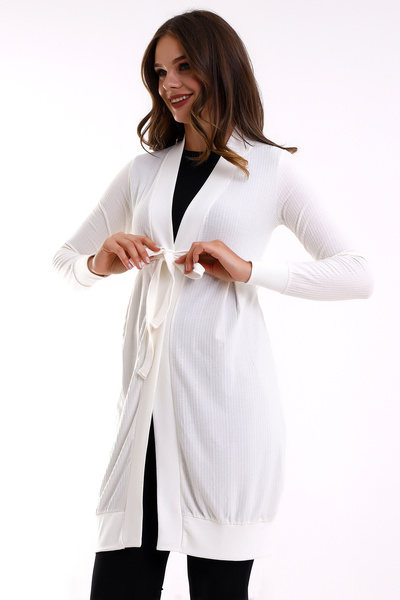 Şiir كارديجان نسائي طويل الأكمام من القطن الممشط من مينديلو مع حزام أمامي ونس...