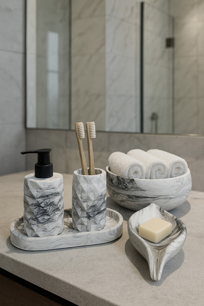 Zigzag Home Decorative 5 Piece Marble Pattern Bathroom Set Liquid/Solid Soap Dispenser Toothbrush Holder Towel Rack Tray Set