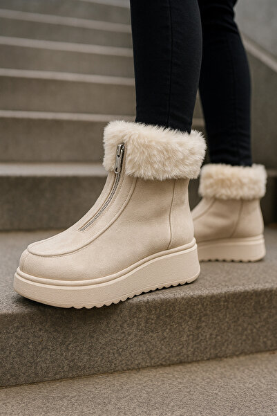 OUTLET41 Kadın Krem içi kürklü Kalın Tabanlı Kısa Bot