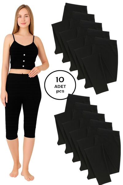 Altınay Women's Black Capri Leggings (10 Pieces) – 90% Cotton