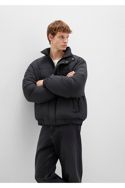 Mavi ψηλός λαιμός Μαύρο Φουσκωτό Παλτό 0110609-71379