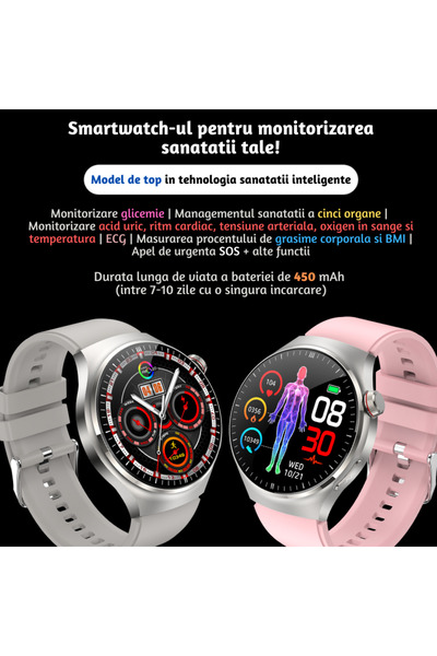 Lommad Smartwatch ®, 1.43" Display, Monitorizare 5 Organe, Glicemie, Ecg, Tensiune Arteriala, Roz