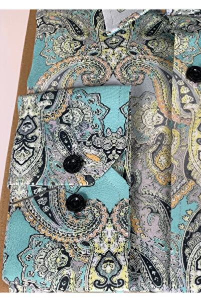 YusGos Long Sleeve Cotton Viscose Easy Iron Shawl Pattern Regular Fit Premium Men's Shirt Green L