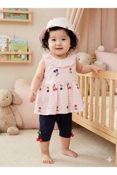 Mini Baray Kız Bebek Çizgili Elbise ve Pantolon Takım (Şapkalı) (9-12-18 Ay)