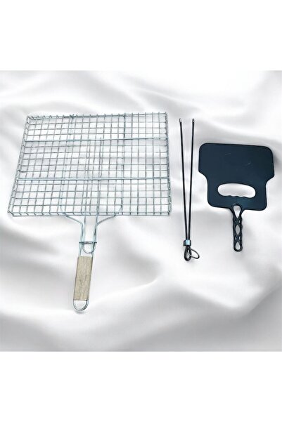 YILMAZNARGİLE Mangal Aksesuar Seti 3 Parça,Ahşap Saplı Tel Izgara 32x42cm -Kömür Köz Maşası -Mangal Piknik Yelpaze