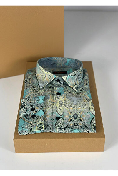 YusGos Long Sleeve Cotton Viscose Easy Iron Shawl Pattern Regular Fit Premium Men's Shirt Green L