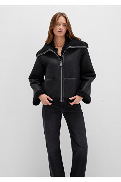 Mavi Schwarze Kunstlederjacke mit Kunstfellbesatz, Oversize / Weit geschnitten 1110718-900