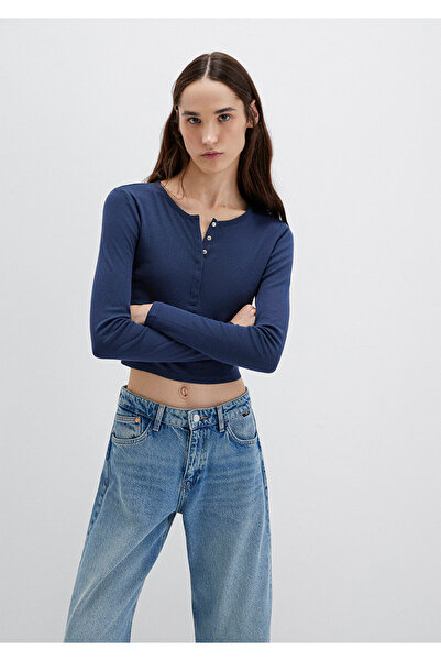 Mavi Μπλουζάκι με μακρύ μανίκι με λεπτομέρεια με κουμπιά, μπλε ναυτικό, βασικό μπλουζάκι Crop / κοντό κόψιμο 1613403-70487