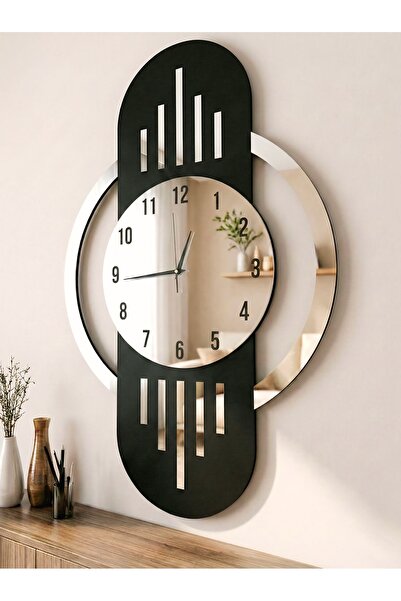 AA Shop Siyah Renk Gümüş Aynalı Sayılı Hediyelik Ahşap Dekoratif Sessiz Büyük Boy Tablo Duvar Saati 70cm