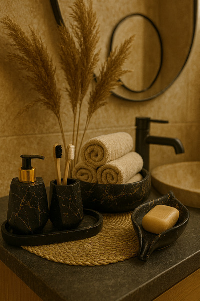 Zigzag Home Dekoratif 5 Parça Mermer Desen Banyo Seti Sıvı/Katı Sabunluk Diş Fırçalık Havluluk Tepsi Takımı