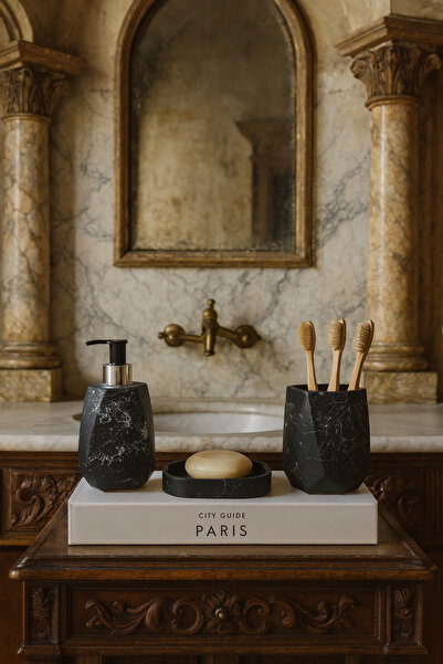 Zigzag Home Dekoratif Bohem Tarz 3 Parça Mermer Desen Banyo Seti Sıvı Sabunluk Katı Sabunluk Diş Fırçalık