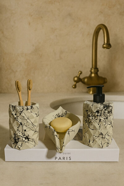 Zigzag Home Set de baie decorativ din 3 piese cu model de marmură, bej, negru, dozator de săpun lichid, dozator de săpun solid, suport pentru periuță de dinți