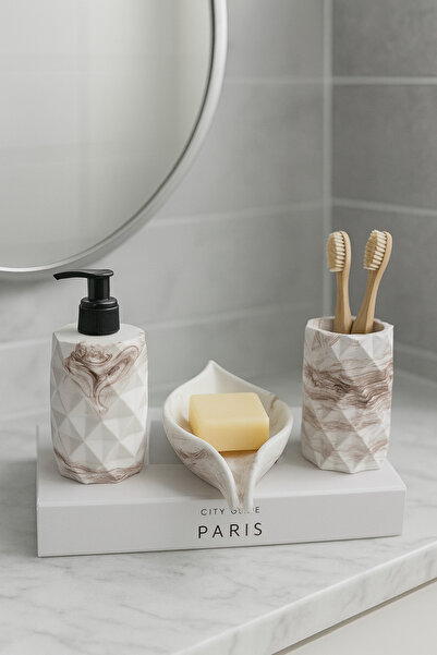 Zigzag Home Decorative 3 Piece Marble Pattern Bathroom Set Liquid/Solid Soap Dispenser Toothbrush Holder Towel Rack Tray Set
