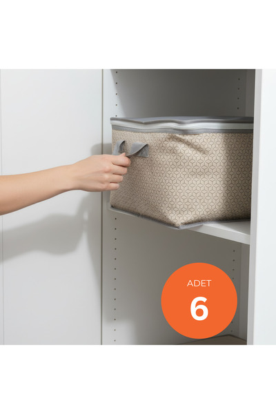 EVSELLA 6'li Set - Geometrik Çizgili Bej Büyük Boy Baza Altı & Çekyat Altı Hurç (65 x 45 x 22 cm)