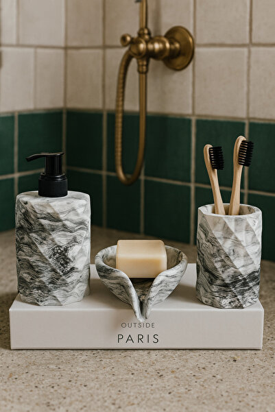 Zigzag Home Decorative 3 Piece Marble Pattern Bathroom Set Liquid/Solid Soap Dispenser Toothbrush Holder Towel Rack Tray Set