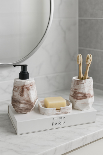 Zigzag Home Set de baie decorativ din 3 piese cu model de marmură maro, dozat...