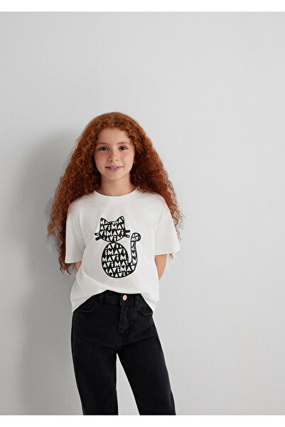 Mavi Cat Printed Ecru T-Shirt Loose Fit / Loose Relaxed Fit 7610360-70057