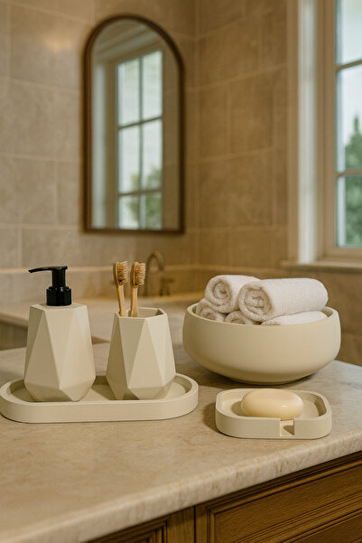 Zigzag Home Set decorativ de baie din 5 piese Dozator de săpun solid/lichid Suport pentru periuță de dinți Suport pentru prosoape Tavă