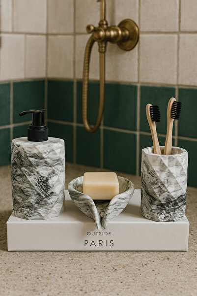 Zigzag Home Decorative 3 Piece Marble Pattern Bathroom Set Liquid/Solid Soap Dispenser Toothbrush Holder Towel Rack Tray Set