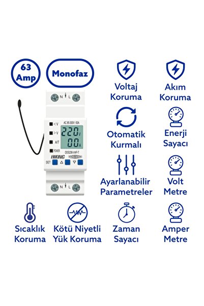 TOMZN Hiking Sıcaklık Korumalı Voltaj ve Akım Koruma Rölesi 63A Dahili Kontaktör Elektrik Bekçisi