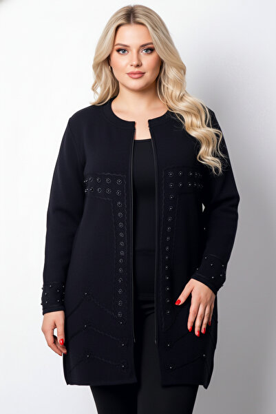 Laden Navy Blue Pearl Knitwear Cardigan - Embroidery Detailed, Zippered, Long Winter Mother Sweater