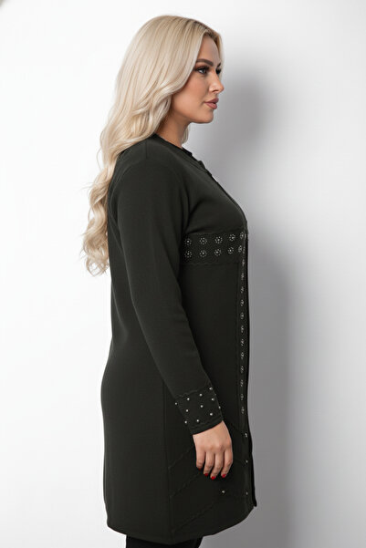 Laden Πλεκτά Γυναικεία Κεντημένη Πέρλα Μακριά Μαμά Χειμερινή Χακί Χοντρή Ζακέτα με φερμουάρ