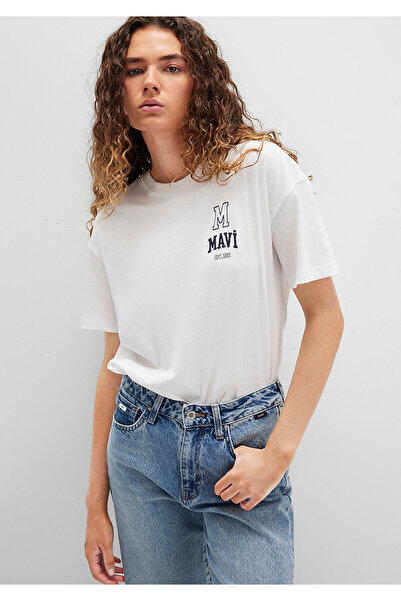 Mavi Logo Embroidered White T-Shirt Loose Fit / Loose Relaxed Fit 1613467-70057
