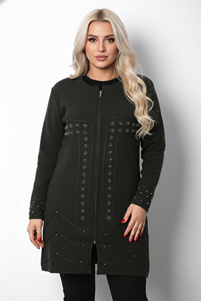 Laden Πλεκτά Γυναικεία Κεντημένη Πέρλα Μακριά Μαμά Χειμερινή Χακί Χοντρή Ζακέτα με φερμουάρ