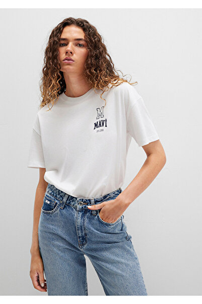 Mavi Logo Embroidered White T-Shirt Loose Fit / Loose Relaxed Fit 1613467-70057
