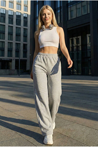 Mythologie Ispanyol Paça Basic ίσιο παντελόνι Jogger - Γκρι γυναικείο φαρδύ παντελόνι ψηλόμεσο
