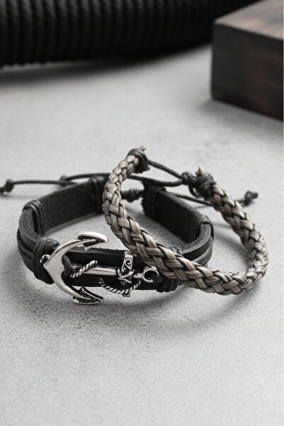 BSN Store 2-Piece Mariner's Anchor Premium Black/Gray Genuine Leather Bracelet