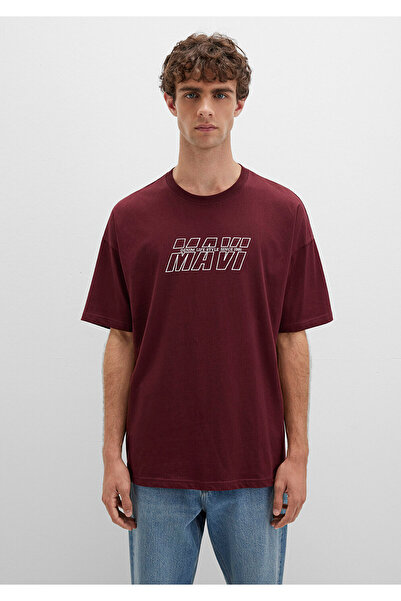 Mavi T-shirt z nadrukiem w kolorze bordowo-czerwonym Oversize / szeroki krój 0611827-70396