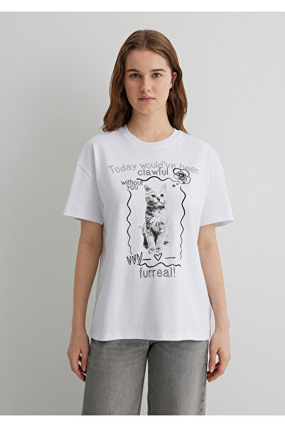 Mavi Tricou alb cu imprimeu de pisici, cu o formă lejeră/cu o formă relaxată 1613095 -620