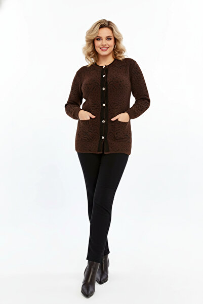 Laden Knitwear Angora Women's Plus Size Winter Thick Soft Mother Brown Cardigan